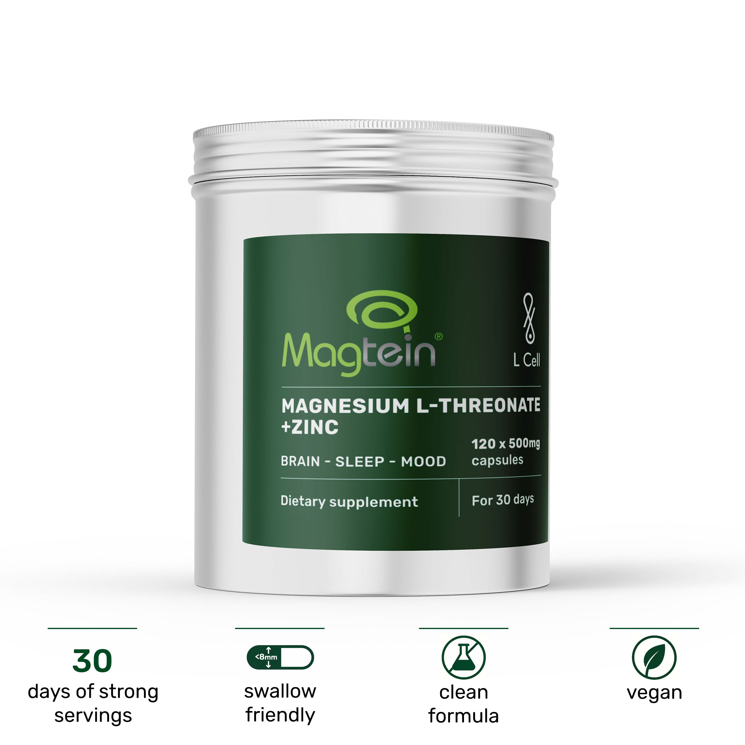 Magnesium L-Threonate Kapseln 500mg (30 Portionen, 120 Kapseln)