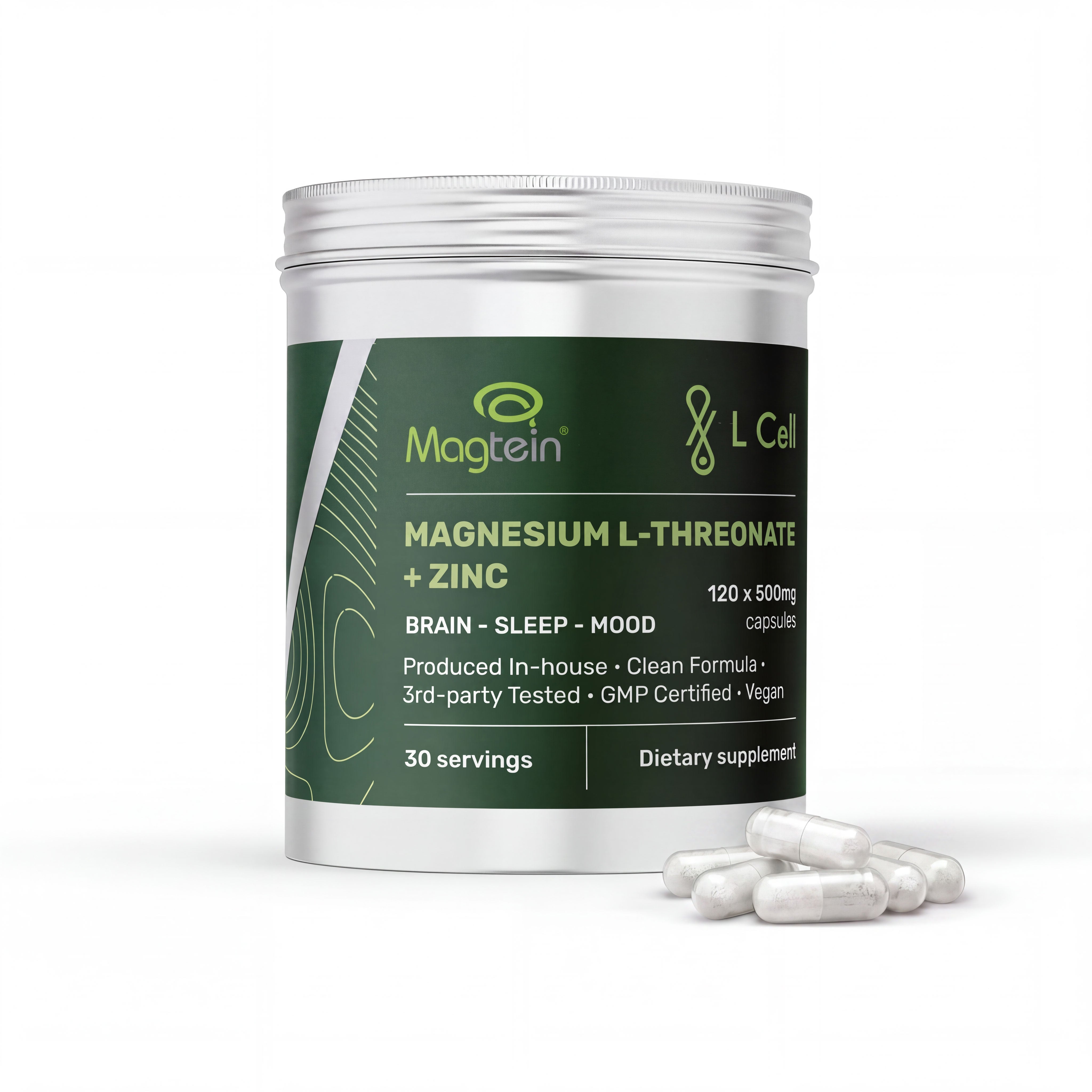 Magnesium L-Threonate Kapseln 500mg (30 Portionen, 120 Kapseln)