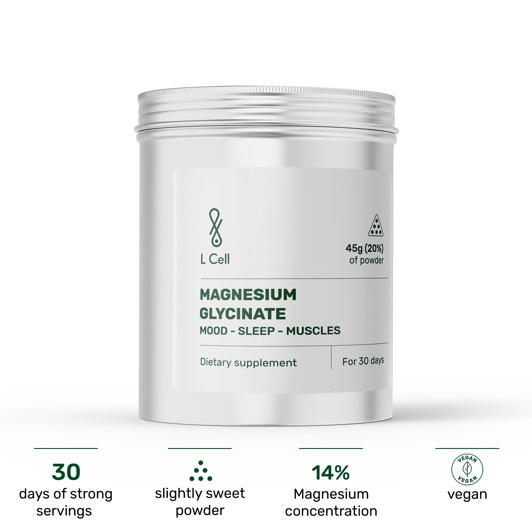 Magnesiumglycinat Pulver 45g (30 Portionen, 14% Konzentration)